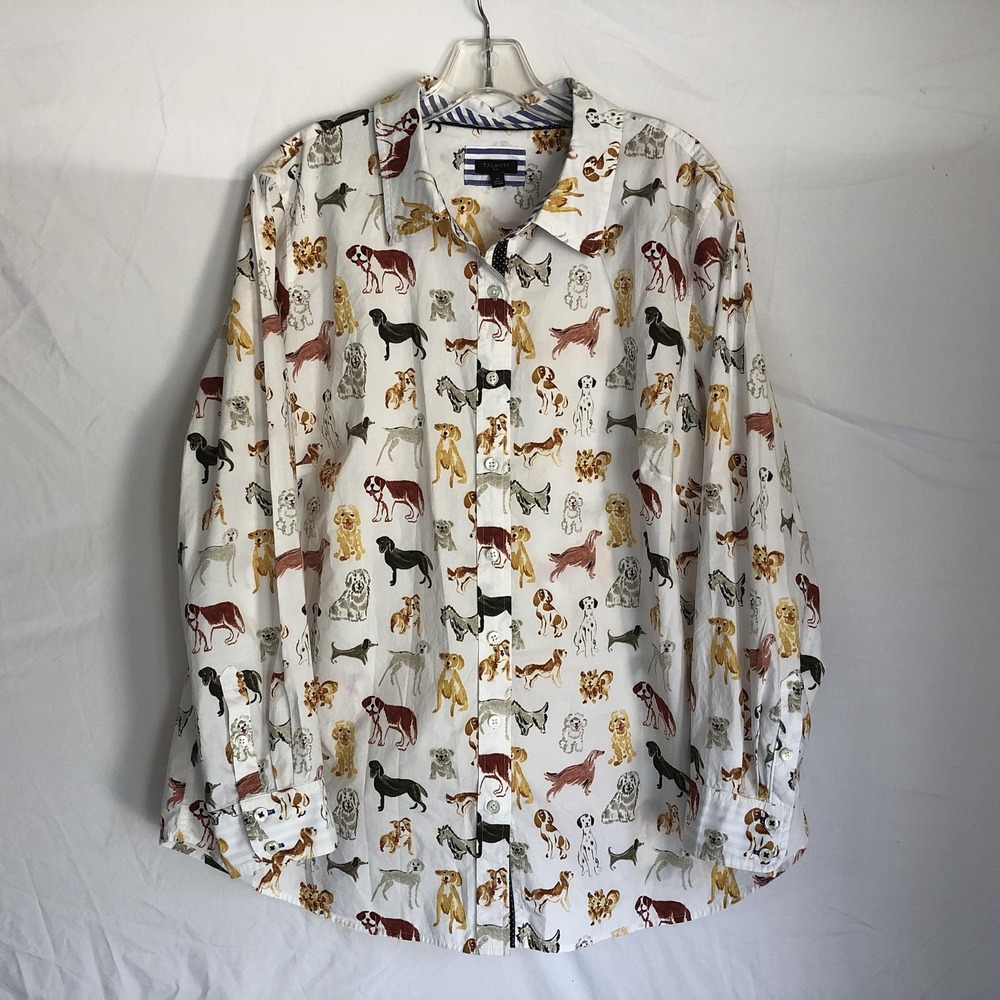 Talbots Shirt Womens 2X White Dog Print 100% Cotton Button Front Long Sleeve Top